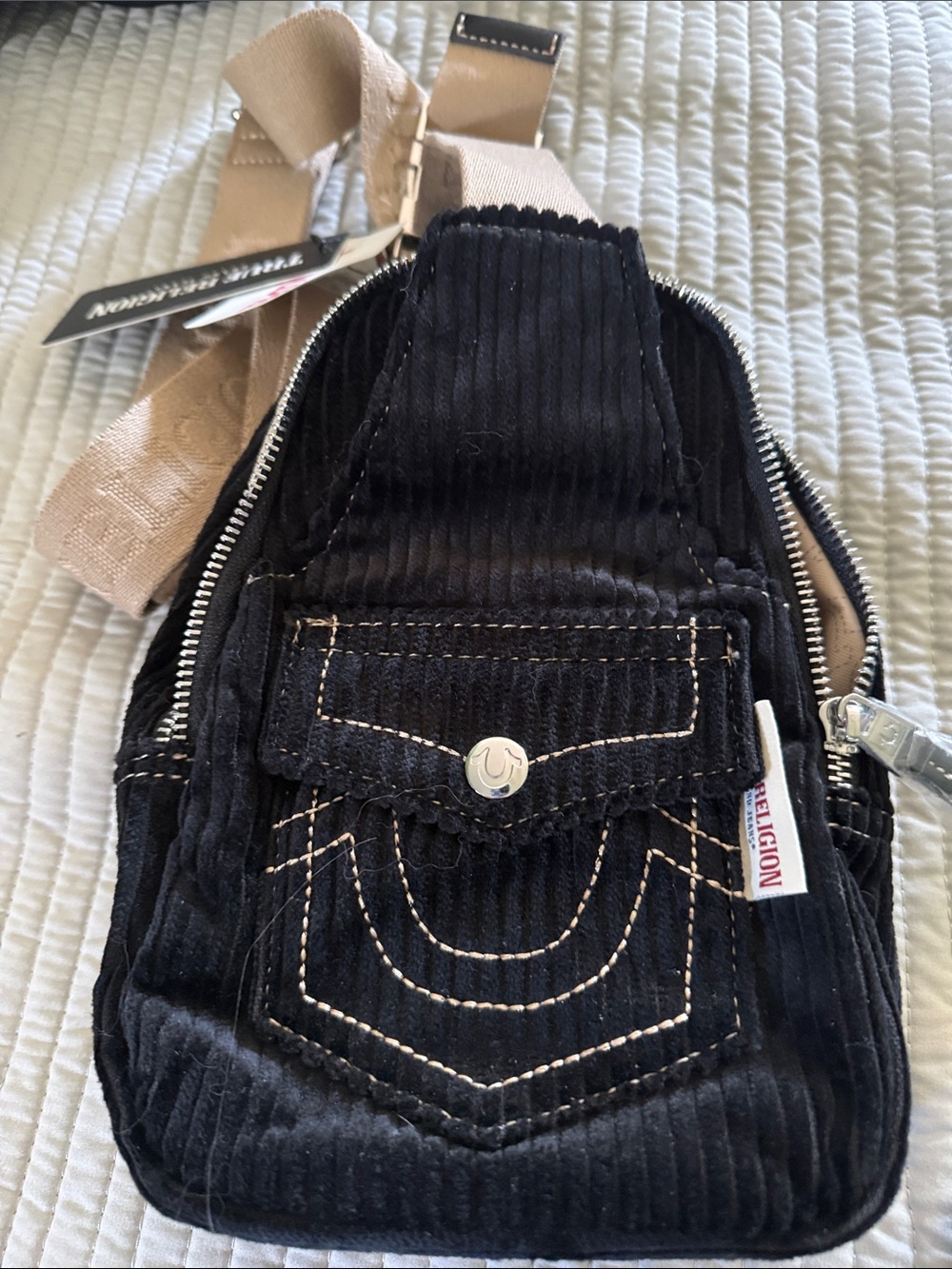 True Religion Black Corduroy Crossbody with Beige Strap